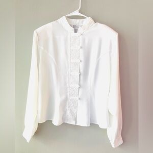 TESS Luxury VTG  Military Style White Button Up Top Beaded And Floral Embroidery